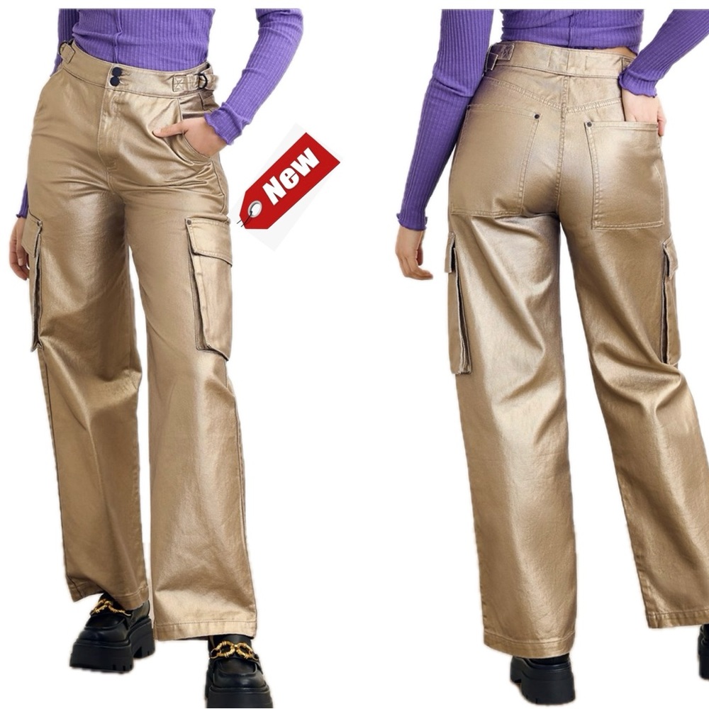 Circus NY metallic gold foil High Rise Slouchy Cargo Denim Jean pants NWT